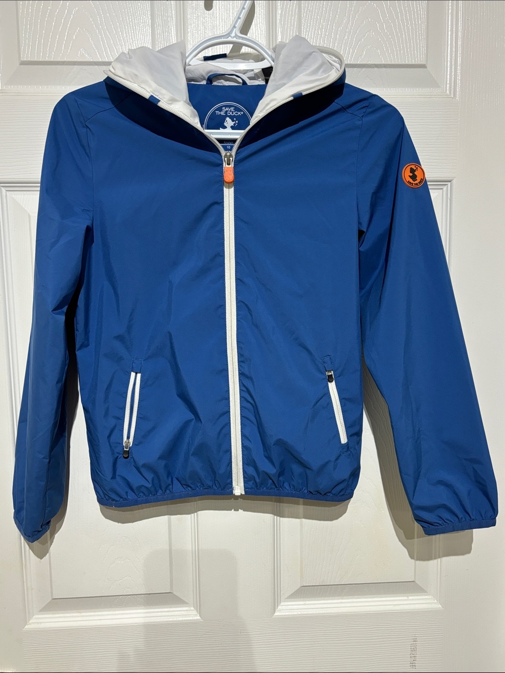 SAVE THE DUCK Kids Blue Hooded Rain Jacket with White Trim and Orange Logo